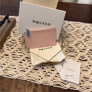 Alexander McQueen Logo Leather Zip Card Case in Rose/Silver - New with Tags